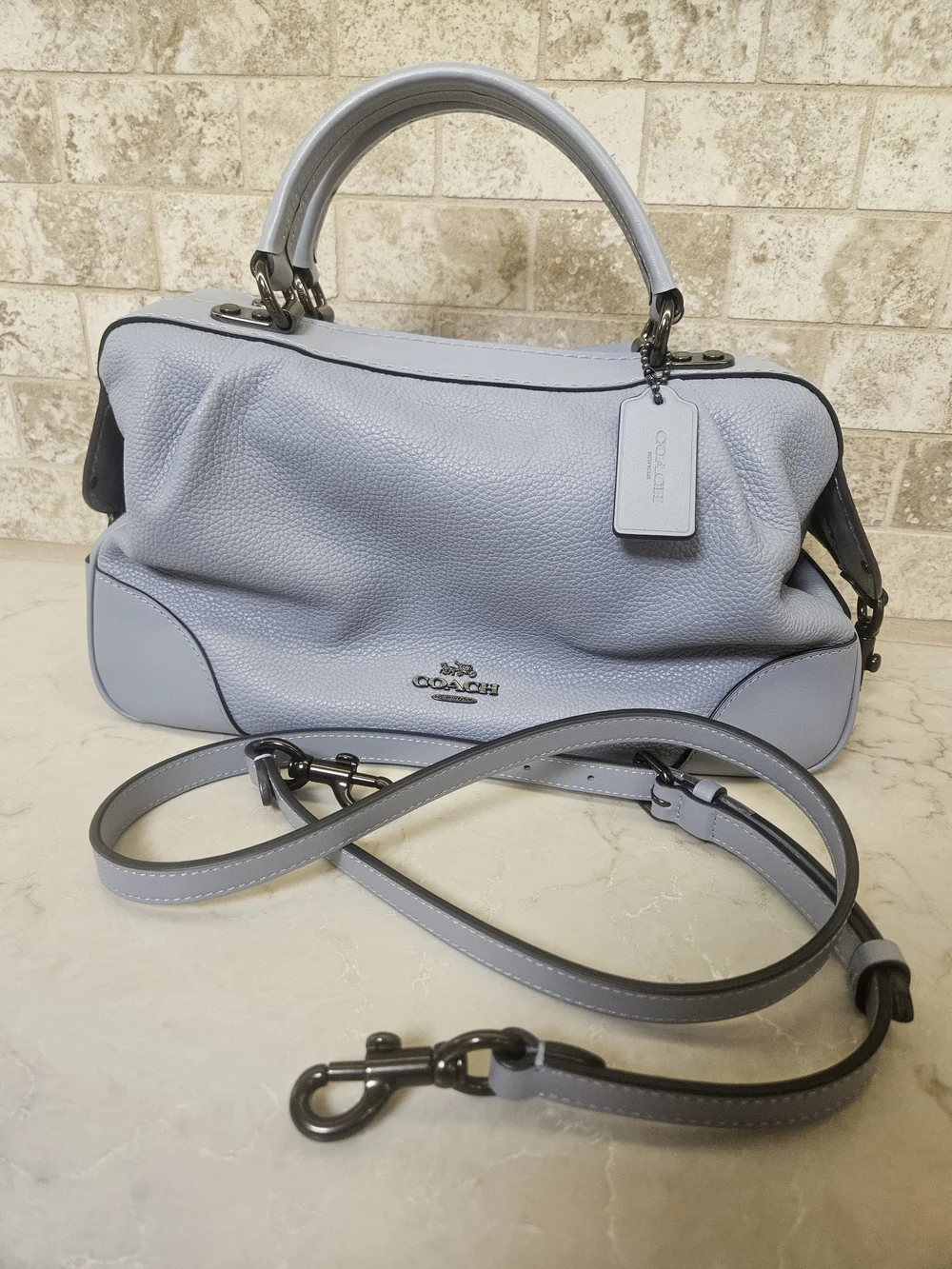 COACH Pebble Leather Lane Satchel Crossbody Shoulder Bag in Mist Blue